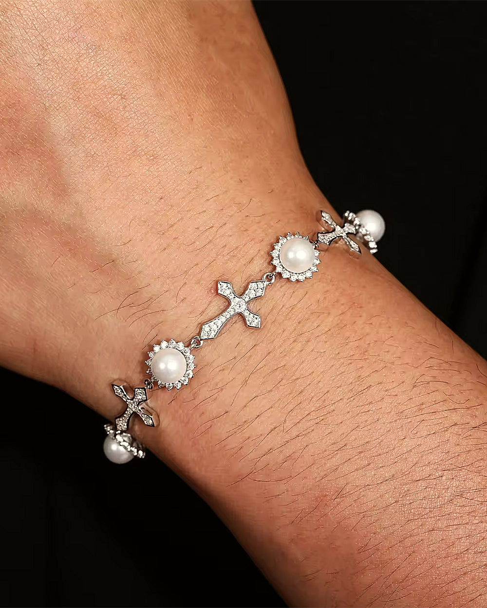 MOISSANITE ICY CROSSES  & PEARLS BRACELET.